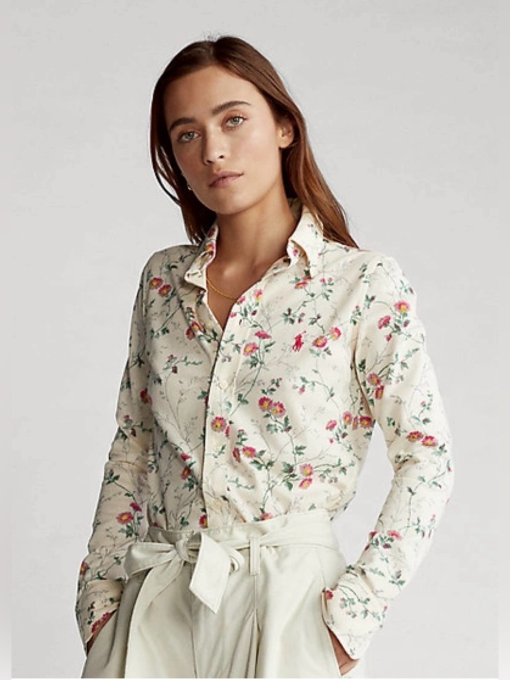Ralph Lauren Cream Floral Knit Oxford Shirt with Pink and Green Accents